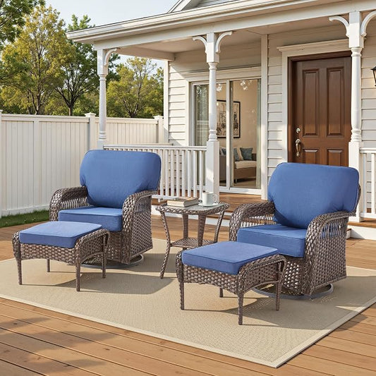 5 PCS Patio Furniture Set Outdoor Sectional Sofa Couch with Rocking Swivel Chairs 5" Deep Seat Chairs, Modern Wicker Rattan Conversation Set, Blue/Brown Wicker