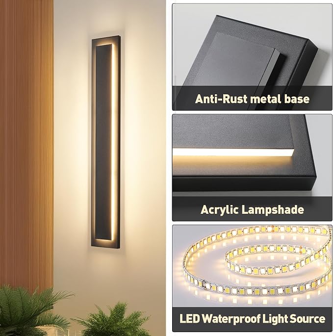 24 in Long Outdoor Wall Lights Modern Exterior Wall Light,36 W | Black Outside Light Fixtures For House,Patio,Front Porch, Included LED 3000K Warm White Light Bead,Waterproof, ,2 Pack