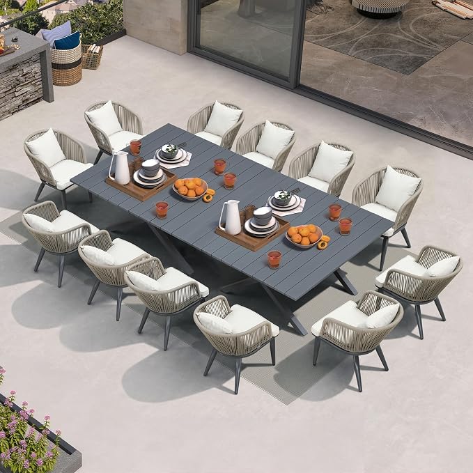 PURPLE LEAF 14 Pieces Patio Dining Set Wicker Outdoor Furniture Oversize Rectangular Table and Chairs Set for Garden Deck Aluminum Frame Backyard Kitchen Set, Cushions and Pillows Included Taupe