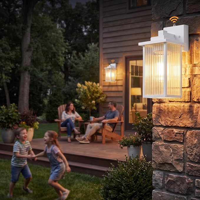 15-Inch Dusk to Dawn Outdoor Wall Light, White Porch Light All-Metal | Auto On at Dusk, Off at Dawn. Textured Glass Softens Glare. Waterproof Rust-Resistant Metal. Pre-Assembled DIY Install