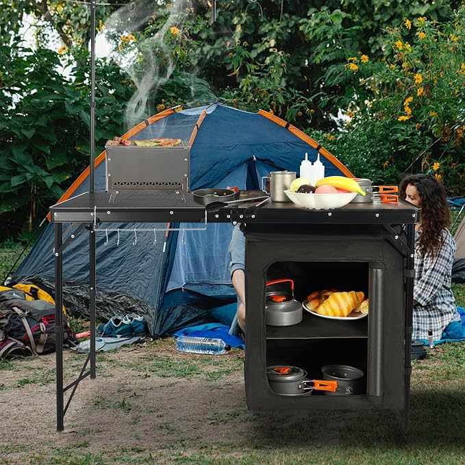 REDCAMP Portable Camping Kitchen Table, 4ft Folding Camping Grill Table with Storage Organizer and Telescoping Light Stand, Outdoor Cooking Station for BBQ, Party and Picnic