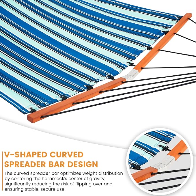 Lazy Daze Hammocks 12FT Quilted Double Hammock with V-Spreader Bar, 2 Person Portable Hammock with Nylon Rope, Side Pocket and Pillow, 450lbs Capacity, Includes Carry Bag for Outside, Blue Stripes