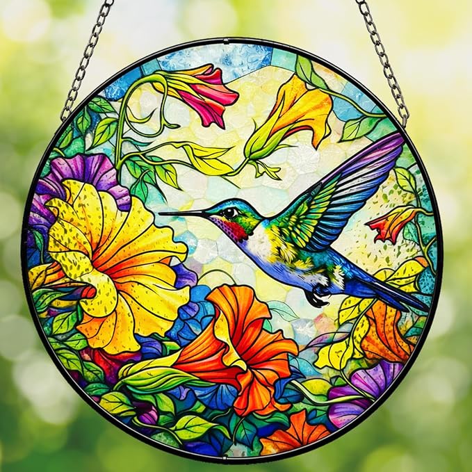Stained Glass Window Hanging - Colorful Hummingbird Suncatcher for Windows Doors Home Decor, Hummingbird Flowers Sun Catcher Gift for Women Mom Nana Bird Lovers Christmas Mother's Day Birthday 7.8 in