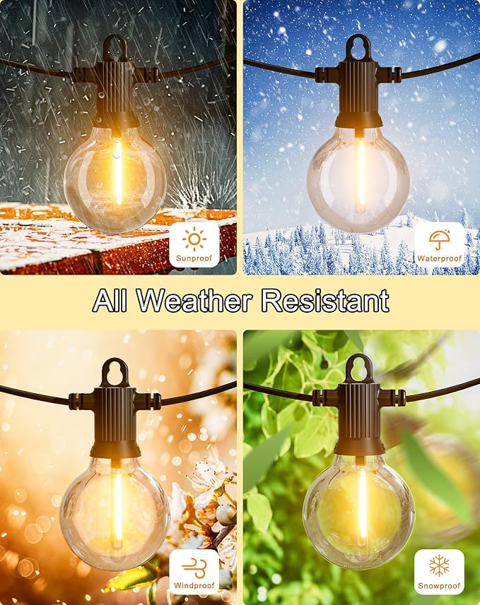 Zuske Outdoor String Lights, 25FT Patio Lights with 13 Shatterproof G40 Globe Bulb(1 Spare), Waterproof Connectable Dimmable LED Hanging Lights for Outside Backyard Porch Balcony Gazebo, 2700K
