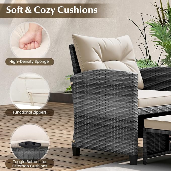 COSTWAY 5-Piece Rattan Conversation Set, Outdoor Wicker Sofa, Tempered Glass Coffee Table & Ottomans for Small Space, Boho Chic Indoor/Outdoor Furniture Set for Poolside, Backyard, Deck (White)
