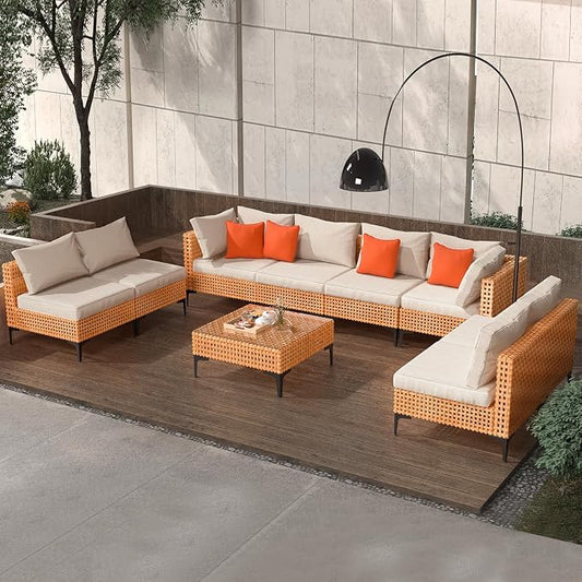 9 Piece Outdoor Patio Furniture Set Modular Outdoor Furniture Set Wicker Outdoor Sectional Sofa with Table Patio Set for Balcony Porch Deck Yard (Salmon&Orange Wicker, Sand Cushion)