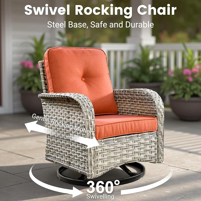 Outdoor Sectional Patio Furniture Set,9 Pieces All Weather Rattan Wicker Conversation Sets with Fire Pit,Out Door Furniture with Swivel Chairs Glowing Coffee Table,Orange Red