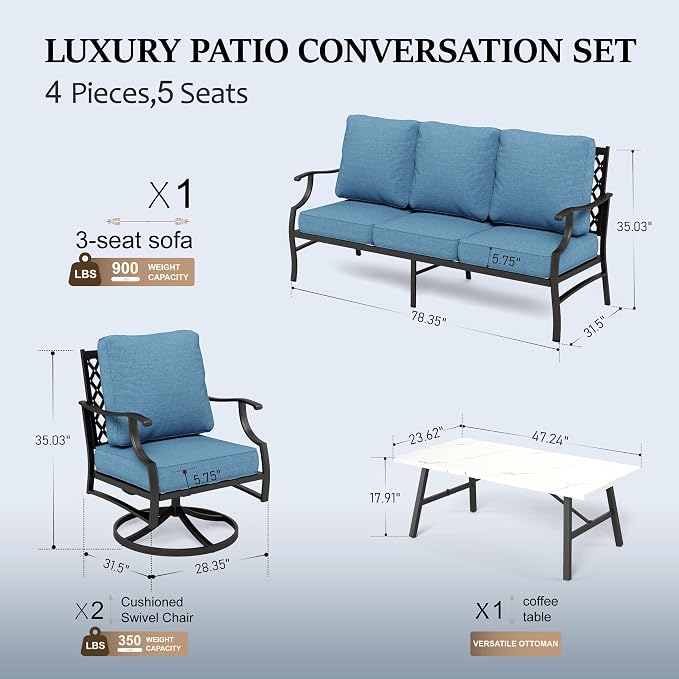 HERA'S HOUSE 4 Piece Patio Furniture Set, 2 x Swivel Cushioned Chair, 3-Seat Sofa with Marbling Coffee Table, All Weather Outdoor Conversation Set for Lawn Garden Backyard, Navy Blue