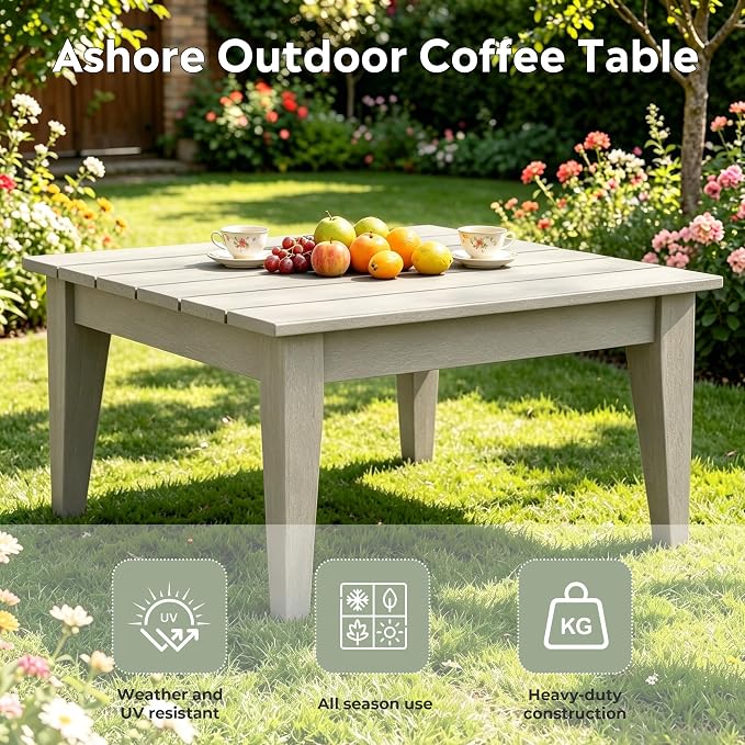 WestinTrends Ashore Outdoor Coffee Table, 32 Inch All Weather Poly Lumber Adirondack Patio Coffee Table Square Low Table, Sand