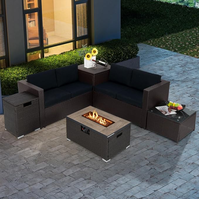 Tangkula 6 Pieces Patio Wicker Furniture Set with 32 Inches Propane Fire Pit Table and Tank Holder, Outdoor Conversation Set with Storage Box and Coffee Table, 2 Waterproof Covers Included (Black)