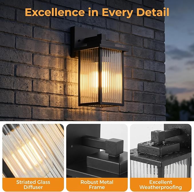 2-Pack 15-Inch Matte Black Outdoor Wall Light, All-Metal Frame | Textured Glass Softens Glare, Stays Bright. Waterproof Rust-Resistant Metal. Pre-Assembled DIY Install on Porch, Garage