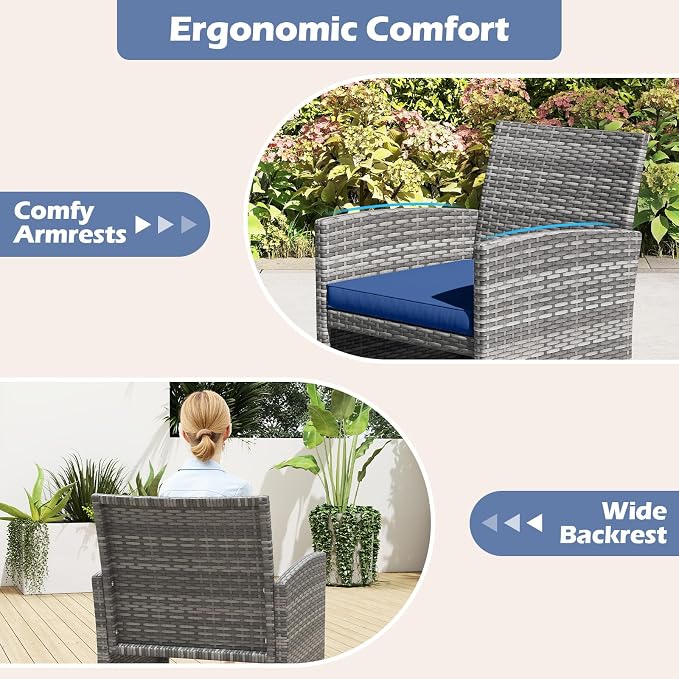 RELAX4LIFE 8-Piece Patio Furniture Set - Wicker Rattan Outdoor Sectional Sofa Set w/Glass Coffee Table, Loveseat, 2 Chairs & Soft Cushions, Bistro Conversation for Garden Porch (2, Grey-Navy)