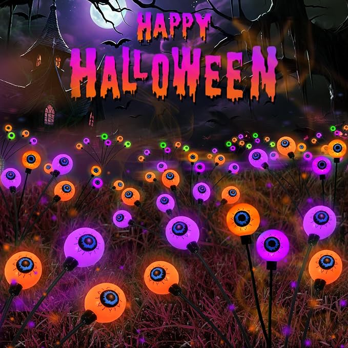 6 Pack Solar Halloween Decorations Outdoor 36 LED Solar Eyeball Lights | Orange and Purple Halloween Lights, Sway by Wind, IP65 Waterproof, 2 Modes, for Pathway Garden Yard Lawn Horror Party Decor