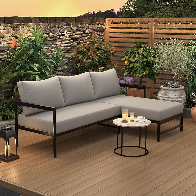 JIVOIT Outdoor L-Shaped Sofa with Iron Frame, Metal Patio Sofa Set with Ultra-Thick Cushions, Comfortable Seating for 3, Ideal for Patio, Balcony and Garden (Gray/35)
