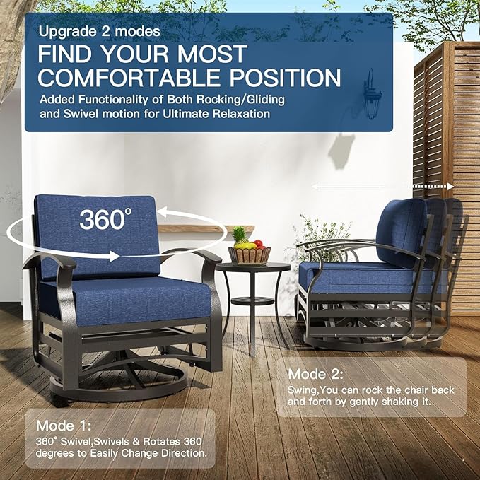 Kullavik Aluminum Patio Furniture Set,9 Piece Modern Metal Outdoor Patio Furniture w/5.1'' Thick Cushion,Swivel Chairs,Ottomans and Propane Fire Pit Table,Patio Conversation Sets for Porch,NavyBlue