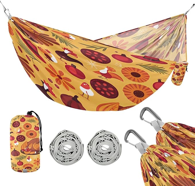 Thanksgiving Turkey Camping Hammock, Portable Lightweight Single Hammock with Tree Straps and Aluminum Carabiners, 114" x 54" Travel Hammock for Hiking Backpacking Beach