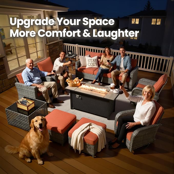 10 Piece Wicker Patio Furniture Set with Firepit, Orange | High Back Swivel Rocker Chairs, 54-inch Fire Pit, Outdoor Sofa Ottoman Solar Lights Table, Conversation Sets, Deck Backyard