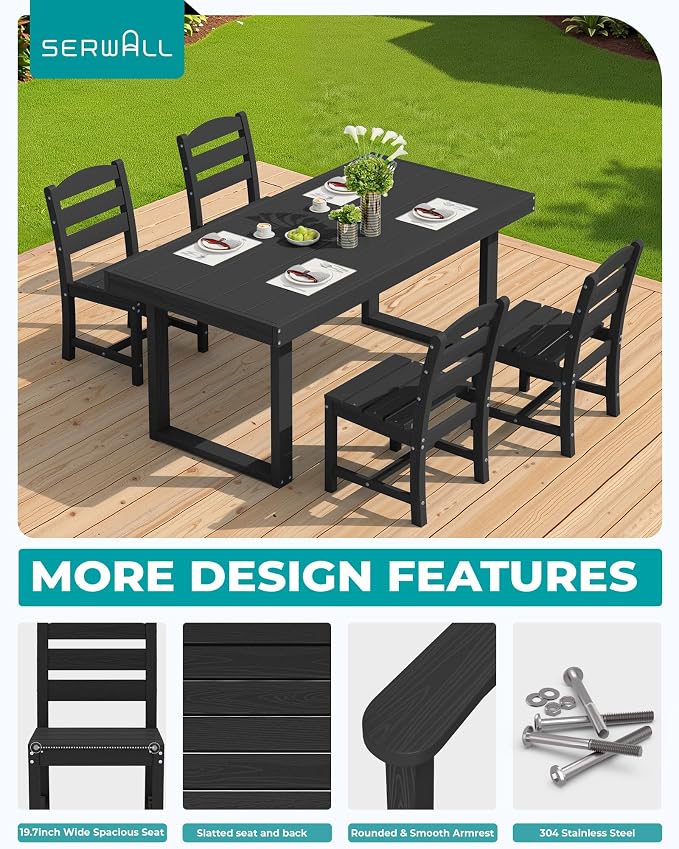 SERWALL HDPE Outdoor Dining Set for 4, 67'' Patio Table and Chairs Set | with Armless Seat