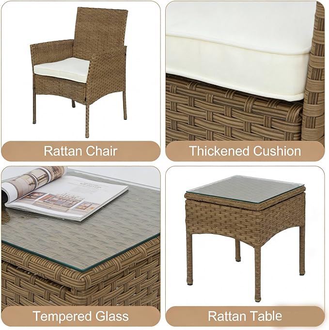 UNITED FLAMES 3-Piece Outdoor Wicker Bistro Set, PE Rattan Patio Chairs & Side Table with Cushions, Weather Resistant Conversation Set for Balcony, Porch, Garden (Beige)
