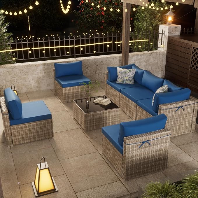 7-Piece Gray Rattan Patio Furniture Sets, Outdoor Conversation Sofa Sets with Water Resistant Blue Cushions & Tempered Glass Coffee Table, Modular Outdoor Sectional Sofa Sets with 2 Pillows