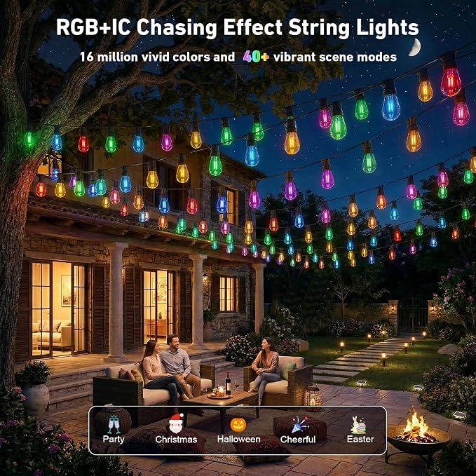 LETIANPAI 400FT RGB+IC Outdoor String Lights, IP67 Waterproof LED Color Changing Clear Bulb String Lights with App & Remote Control, Shatterproof Hanging Patio Lights for Backyard Garden Party