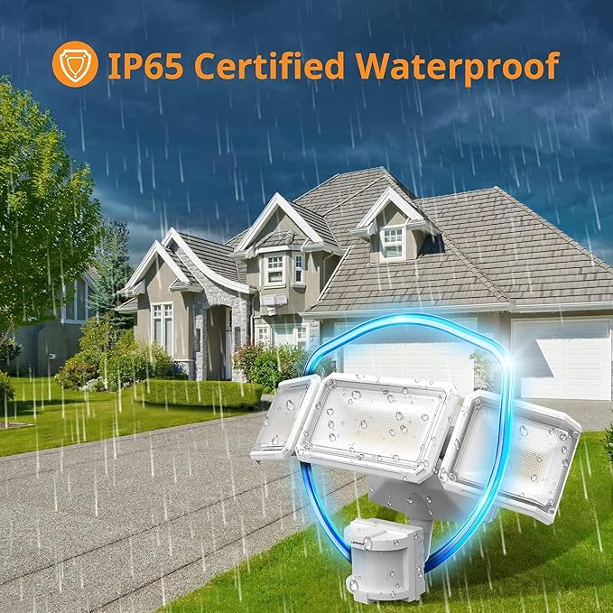 LEPOWER 1500LM Battery Powered Outdoor LED Flood Light with Motion Sensor | IP65 Waterproof, Wireless Battery Operated Security Lights, 3 Head Motion Detector Light for Garage,Yard,Porch,Driveway-White
