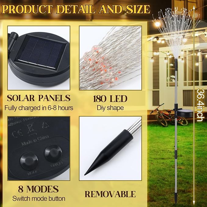 Tujoe 4 Pack Halloween Outdoor Garden Decoration Solar Firework Lights | 200 LED Solar Firework Lights, 8 Lighting Modes, 32" to 51" Height, Outdoor Garden Yard Pathway Party Decoration, Warm