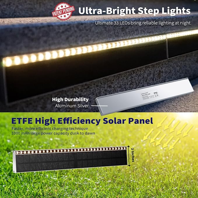 SHONELIGHTING Solar Step Lights Outside, 33 Focused LEDs, Stair Light, 8PK | Downward Lighting, High Brightness, Modular, Waterproof Aluminum, Risers, Deck, Curbsides, Planter Edges, Warm White, 3000K