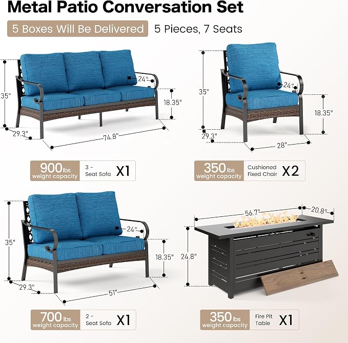SUNSHINE VALLEY 5 Piece Black Metal Outdoor Patio Furniture Set with Firepit Table, Patio Conversation Sets 1 3-Seater Sofa, 1 Loveseat, 2 Single Sofa with 5.75" Cushion for Backyard Deck, Blue-2