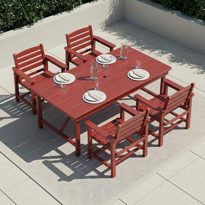 Outdoor HDPE Dining Set 5 Pieces, Patio Table with Umbrella Hole and 4 Chairs, All Weather Patio Furniture for Lawn, Garden, Backyard, Deck, Poolside, Outdoor Dining Table and Chairs, Red