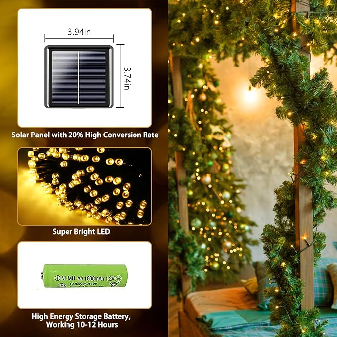 Solar String Lights Outdoor 2 Pack 170FT 480 LED Christmas Light Warm White | 8 Modes, Auto On/Off, Memory Function, Waterproof Solar Twinkle Lights for Outside Xmas Tree Garden Party Christmas Decor