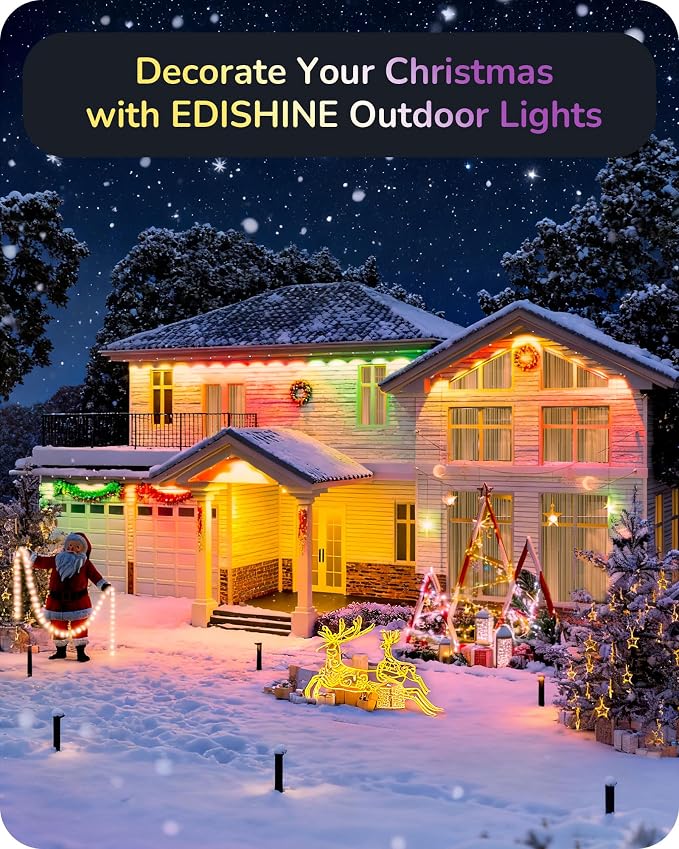 EDISHINE 60FT IP67 Waterproof Smart Outdoor Permanent Lights, RGBW | Voice/App/Remote Control, 50 Scene Modes, 2200K & 8000K, 50LM Each, LED Lights for Daily and Accent Lighting
