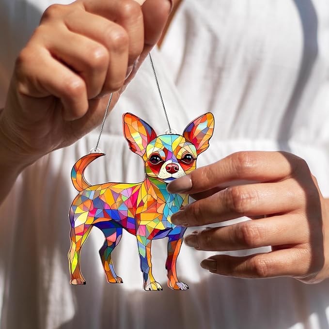 Chihuahua Gifts for Women, Colorful Chihuahua Ornament for Window Hanging | 5"x5.9" Acrylic Suncatcher Ornament Faux Stained Glass, Dog Lovers Gifts for Women, Dogs Christmas Ornaments for Tree Hanging