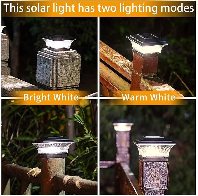 HUYIENO Solar Cap Lights Outdoor LED Lighting Deck Fence Two Light Modes Warm White/Bright White Suitable for 4x4 Wooden Posts Black 6PK