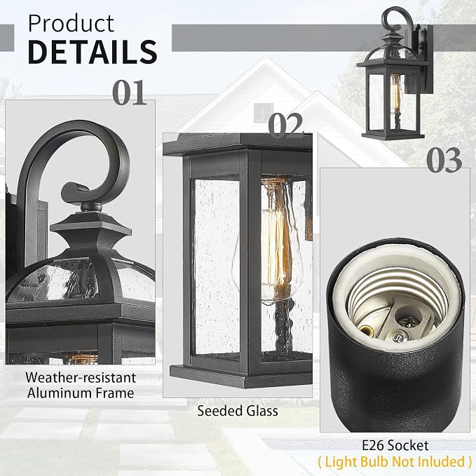 Darkaway Dusk to Dawn Outdoor Lights Fixture Wall Mount, Exterior Wall Light with Seeded Glass Waterproof Black Outside Wall Sconce for House Porch Hallway Garage