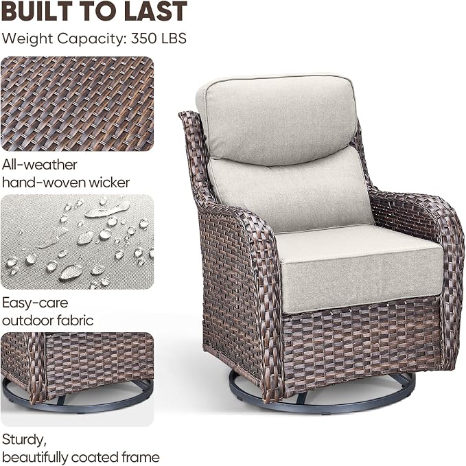 Swivel Patio Chairs sofa Set of 2 with 6" Thick Cushion - Wicker Outdoor Swivel Rocker Patio Chair ,Sofa/Glass coffee table, High Back Comfortable Outdoor Glider Chairs - Brown Wicker | Beige Cushions