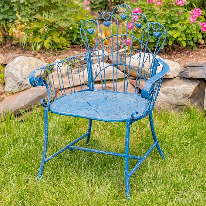Zaer Ltd. Vintage Style Metal Patio Furniture with Heart Design Accents, Outdoor/Indoor Decor (Vintage Blue, Arm Chair)