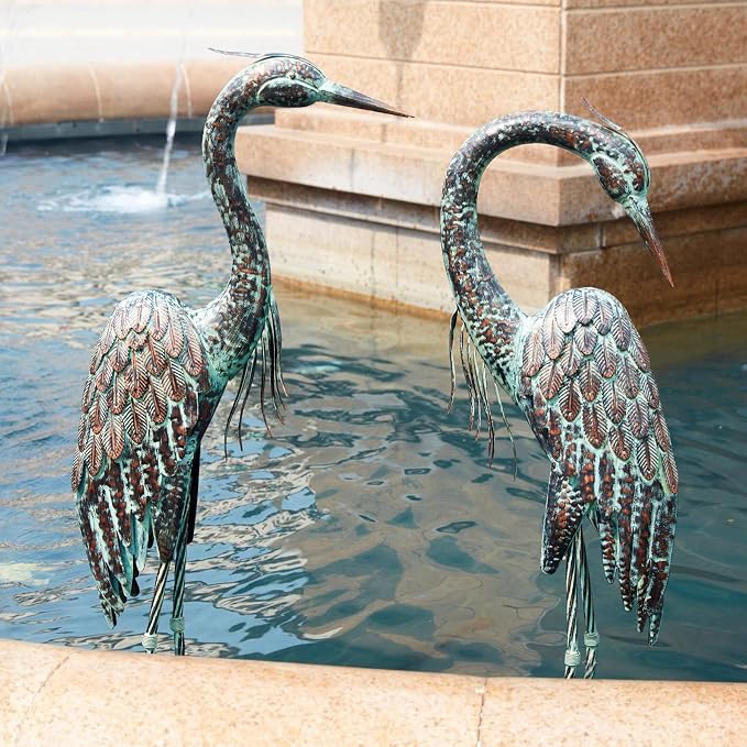 Kircust Garden Crane Statues Metal Heron Outdoor Statue, 46 Inch | Standing Patina Decoy, Weather-Resistant and Rustless, Bird Yard Art for Patio Lawn Pond