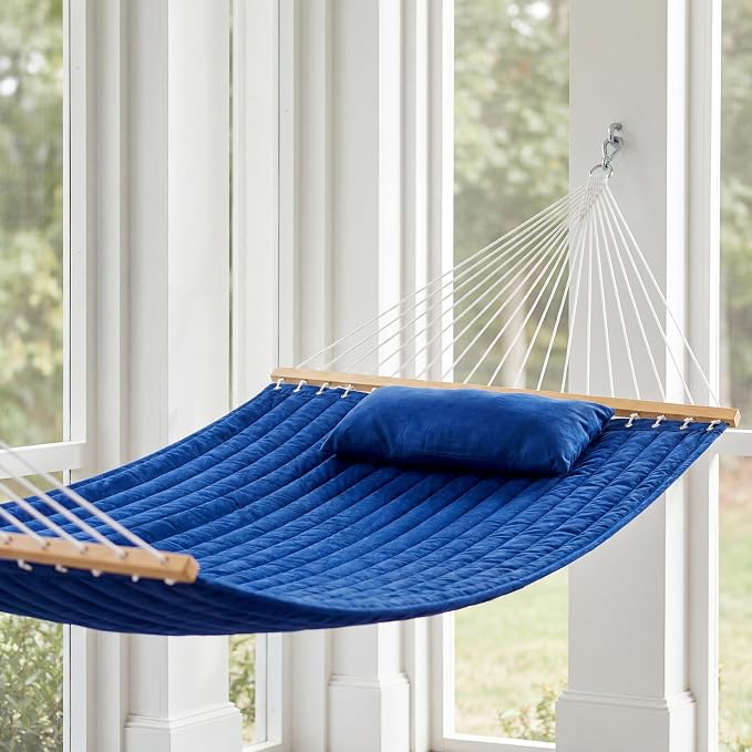 Double Quilted Hammock with Spreader Bar, Pillow & Chains, 450 lbs Capacity, Weather Resistant, for Patio, Backyard, Beach, Outdoor, Navy Blue