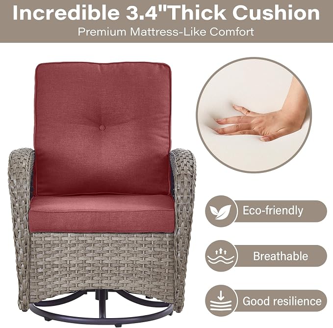 Belord Swivel Patio Chairs Wicker Set - Outdoor Swivel Rocker Chair with Side Table, 3 Piece Patio Glider Chairs Furniture Set with Water-Resistant Cushions for Deck Porch Sunroom