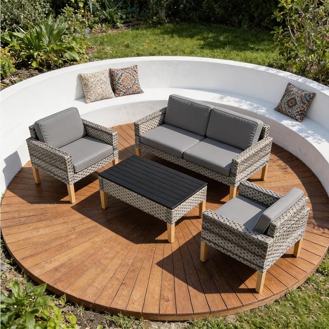 DECMICO 4 Piece Rattan Conversation Bistro Set, Outdoor Wicker Patio Furniture Set, All-Weather PE Rattan Chairs with Cushions for Backyard, Balcony, Garden, Dark Gray