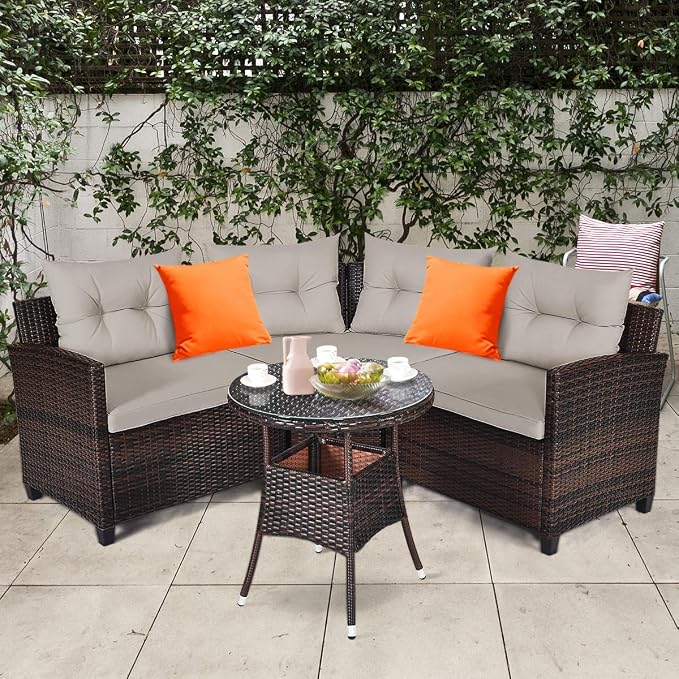 HAPPYGRILL 4 Pieces Rattan Patio Conversation Set, Outdoor Wicker Furniture Set with Cushioned Sofas and Coffee Table, L-Shape Sectional Curved Sofa Set for Garden Poolside Balcony