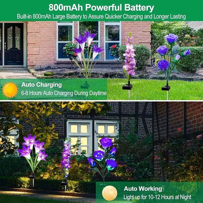 Solar Garden Lights Waterproof, 3 Pack Solar Flowers Lights Includes Lily Rose Delphinium, Gardening Gifts for Mom Grandma Women, 7-Color Changing Outdoor Decor for Garden Yard Patio Lawn