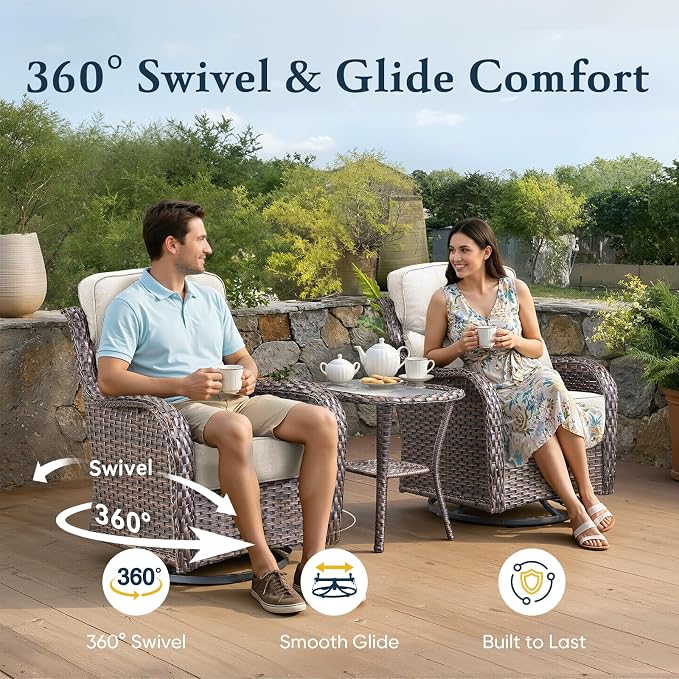 Belord Luxury 6" Thick Cushioned 5 Pieces Patio Furniture Set with Fire Pit Table, Wicker Outdoor Conversation Set with High Back Swivel Rocker Chairs for Deck Porch Yard and Poolside - Brown+Beige