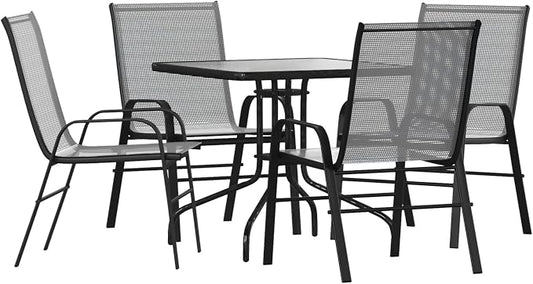 Flash Furniture Brazos 5 Piece Outdoor Patio Dining Set - 4 Gray Flex Comfort Stack Chairs - 31.5" Square Tempered Glass Patio Table