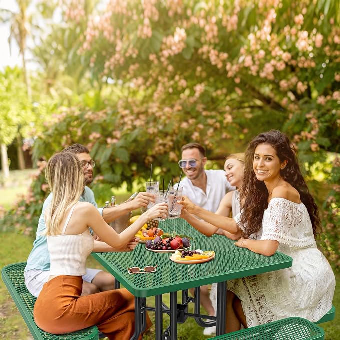 Heavy Duty Picnic Table with Umbrella Hole, Expanded Meta Outdoor Metal Patio Dining Table & Outdoor Bench Set, Steel Mesh Dining Furniture for Garden, Lawn, Patio (47 INCH Green Square Table)