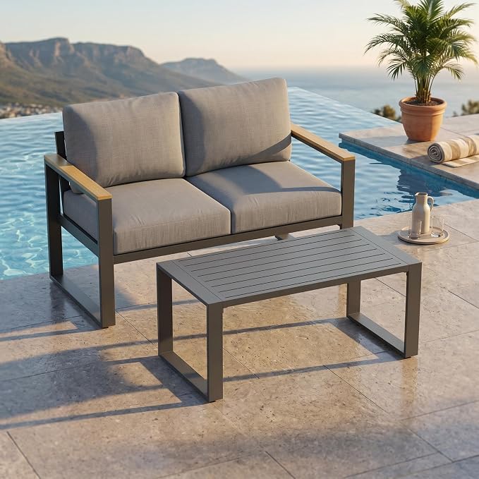 Modern Aluminum Patio Loveseat and Coffee Table Set - All-Weather Outdoor Furniture - Washable Thick Cushions - Rust Resistant, Easy Assembly - Comfortable for Balcony, Garden, Deck, Backyard - Gray