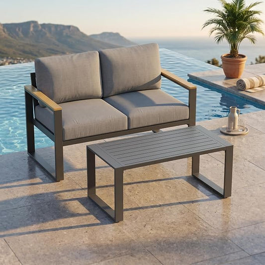 Modern Aluminum Patio Loveseat and Coffee Table Set - All-Weather Outdoor Furniture - Washable Thick Cushions - Rust Resistant, Easy Assembly - Comfortable for Balcony, Garden, Deck, Backyard - Gray