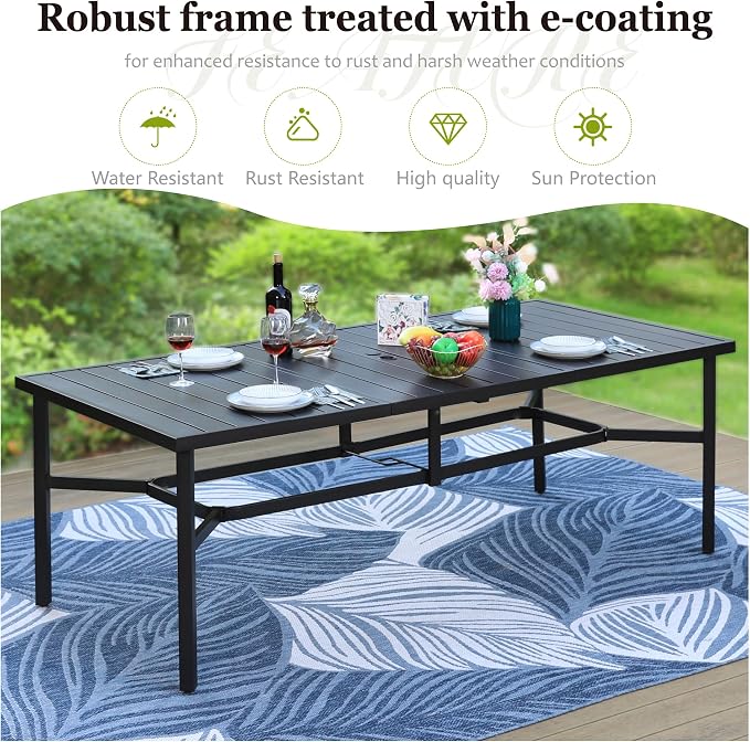 HERA'S HOUSE 9pc Outdoor Patio Dining Set for 8, Textilene Chairs, Blue | 83" Rectangular Metal Table with umbrella hole. Waterproof, rust-resistant, all-weather for backyard, porch
