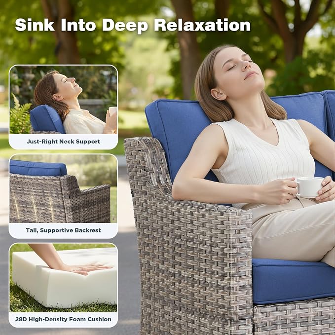 Belord Patio Wicker Swivel Rocker Patio Chairs with 3-Seater Sofa and 42.5" Fire Pit Table, Outdoor Furniture Set for Deck Porch Poolside, 11 Piece Patio Conversation Furniture Set,Blue